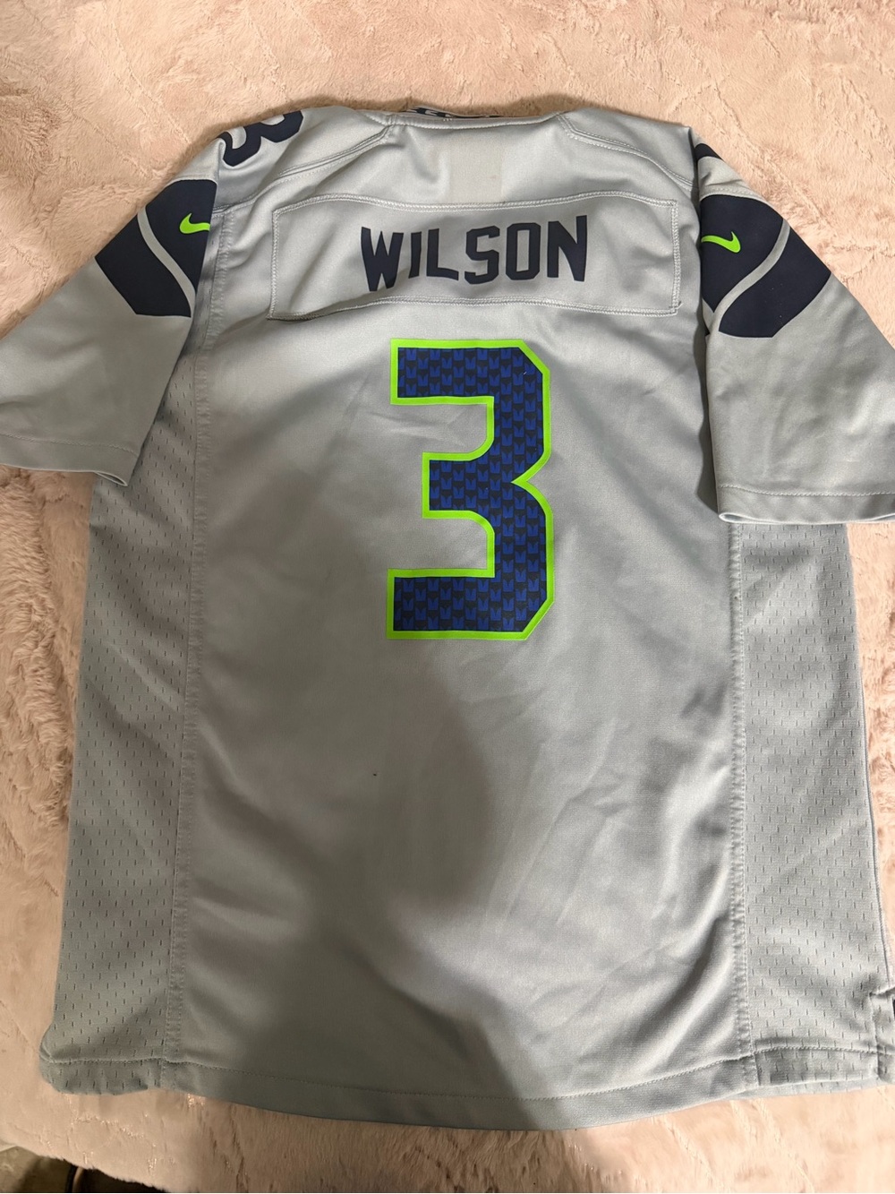 Nike Kids Gray Seahawks Football Jersey with Blue Number and Neon Green Trim
